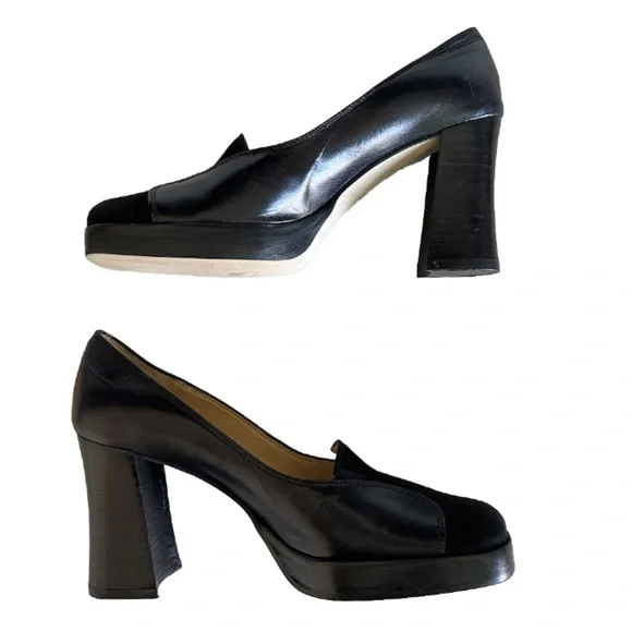 Y2K 90s Enzo Angiolini square toe suede leather black Platform Slip On 7 Retro - Picture 7 of 13